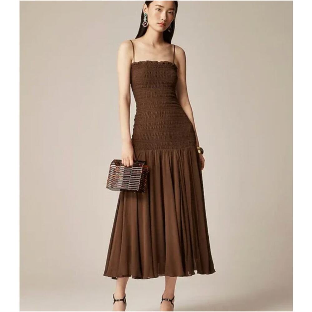 J Crew Collection Smocked Chiffon Dress Size in Liquorice Root Brown NWT